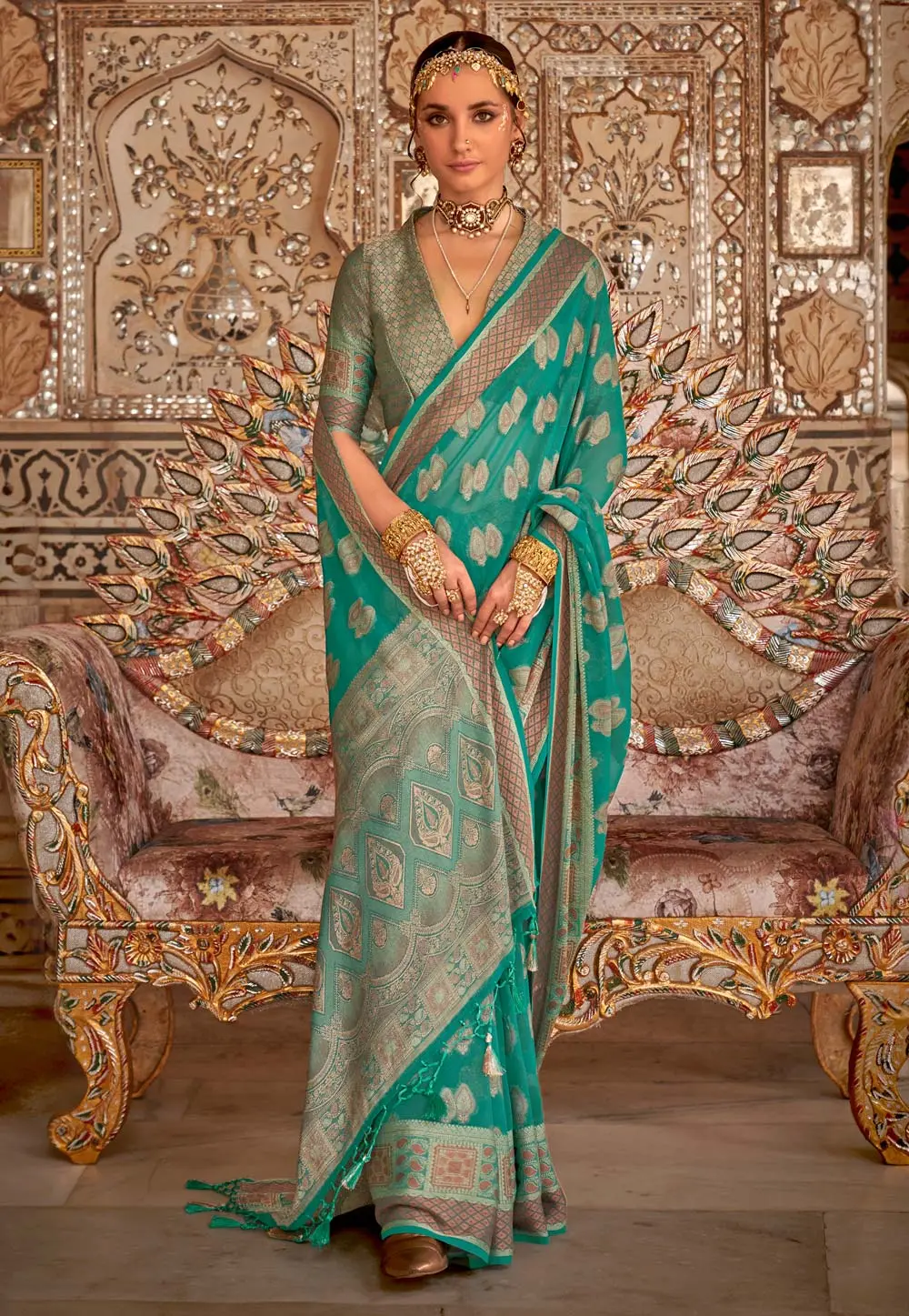 Sea Green Georgette Saree With Blouse 297726