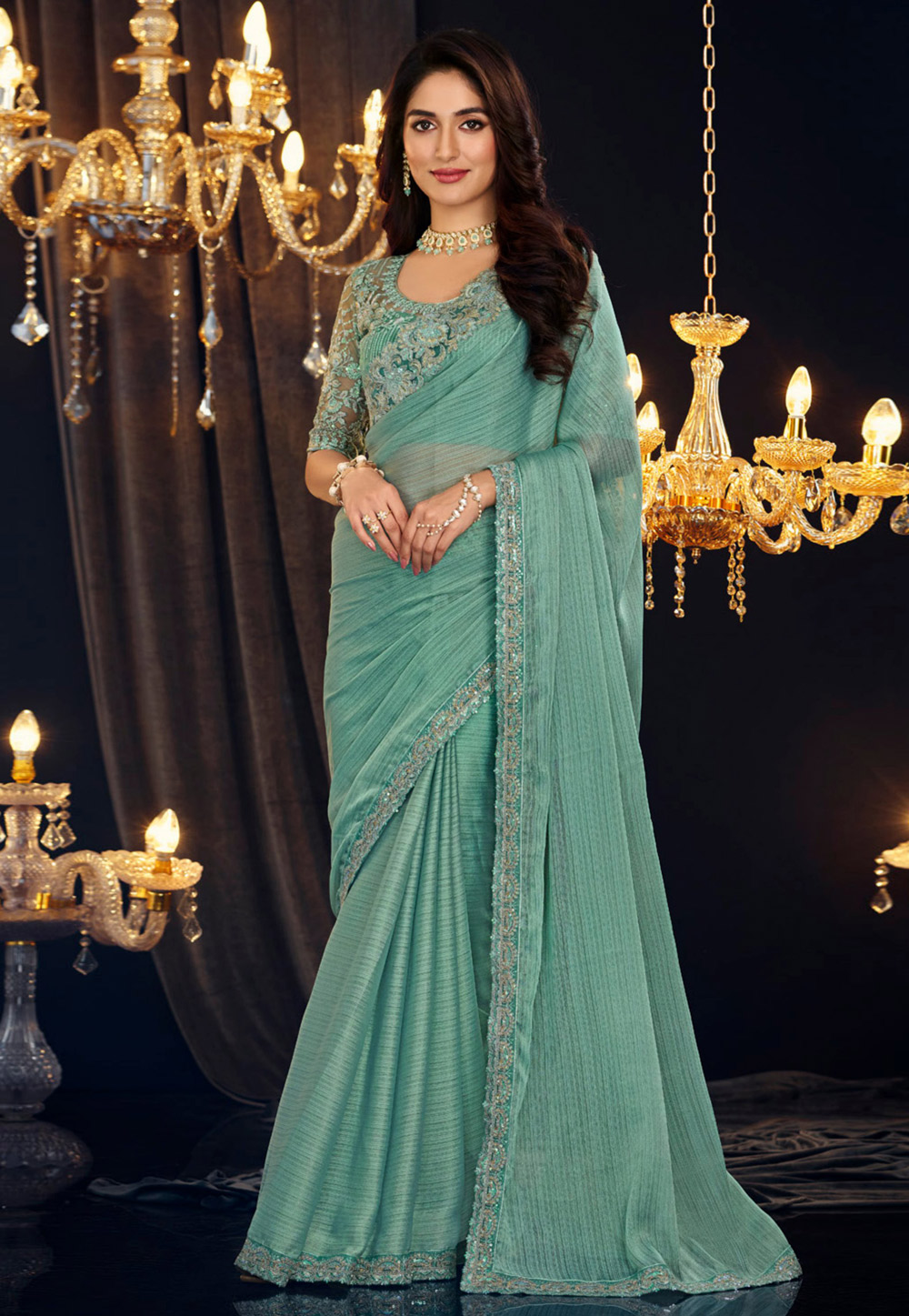 Sea Green Georgette Shimmer Saree With Blouse 286507