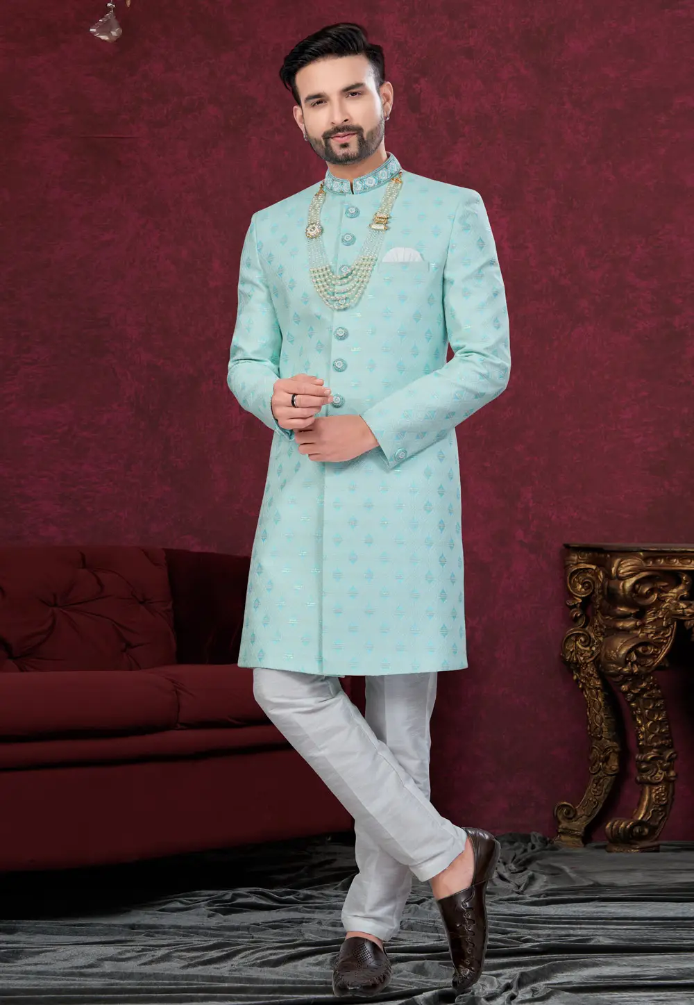 Sea Green Jacquard Achkan Style Sherwani 295637