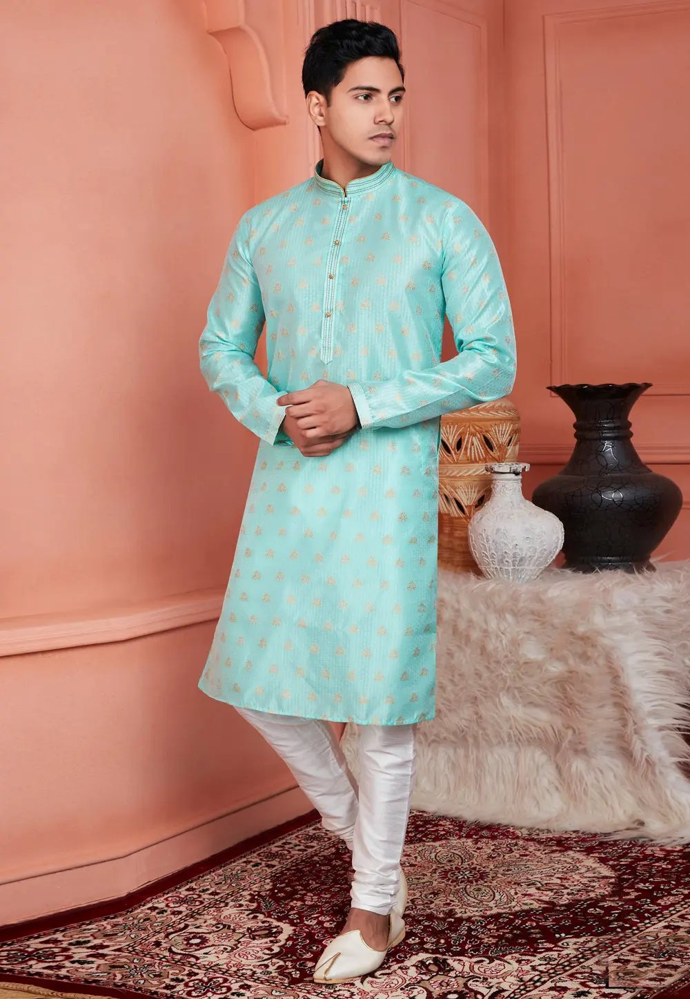 Sea Green Jacquard Banarasi Kurta Pajama 304306