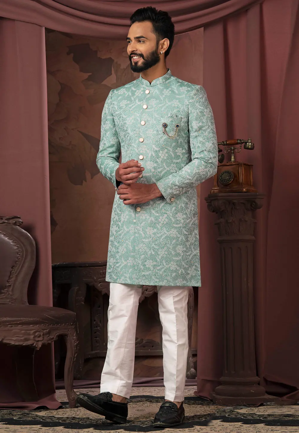 Sea Green Jacquard Indo Western Sherwani 302436