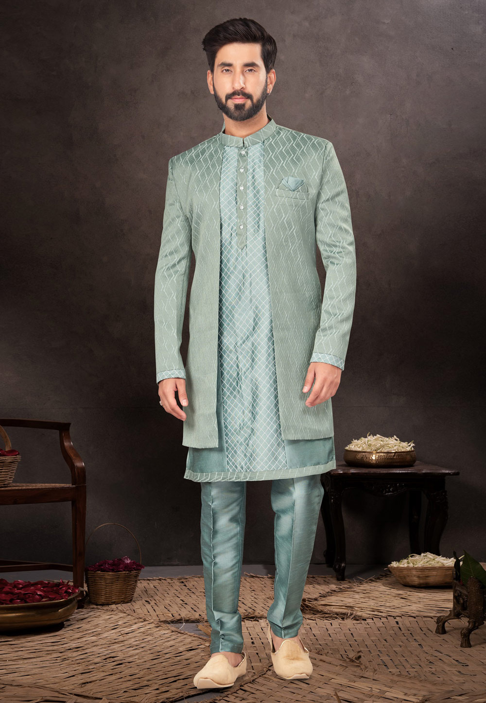 Sea Green Jacquard Indo Western Suit 283975