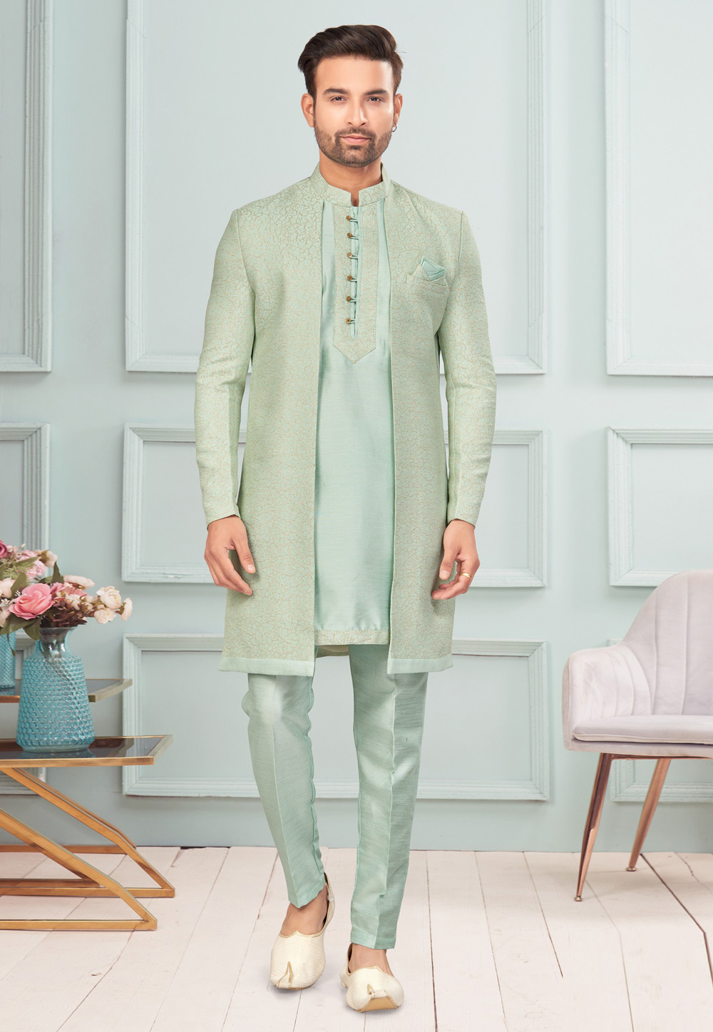 Sea Green Jacquard Indo Western Suit 283924