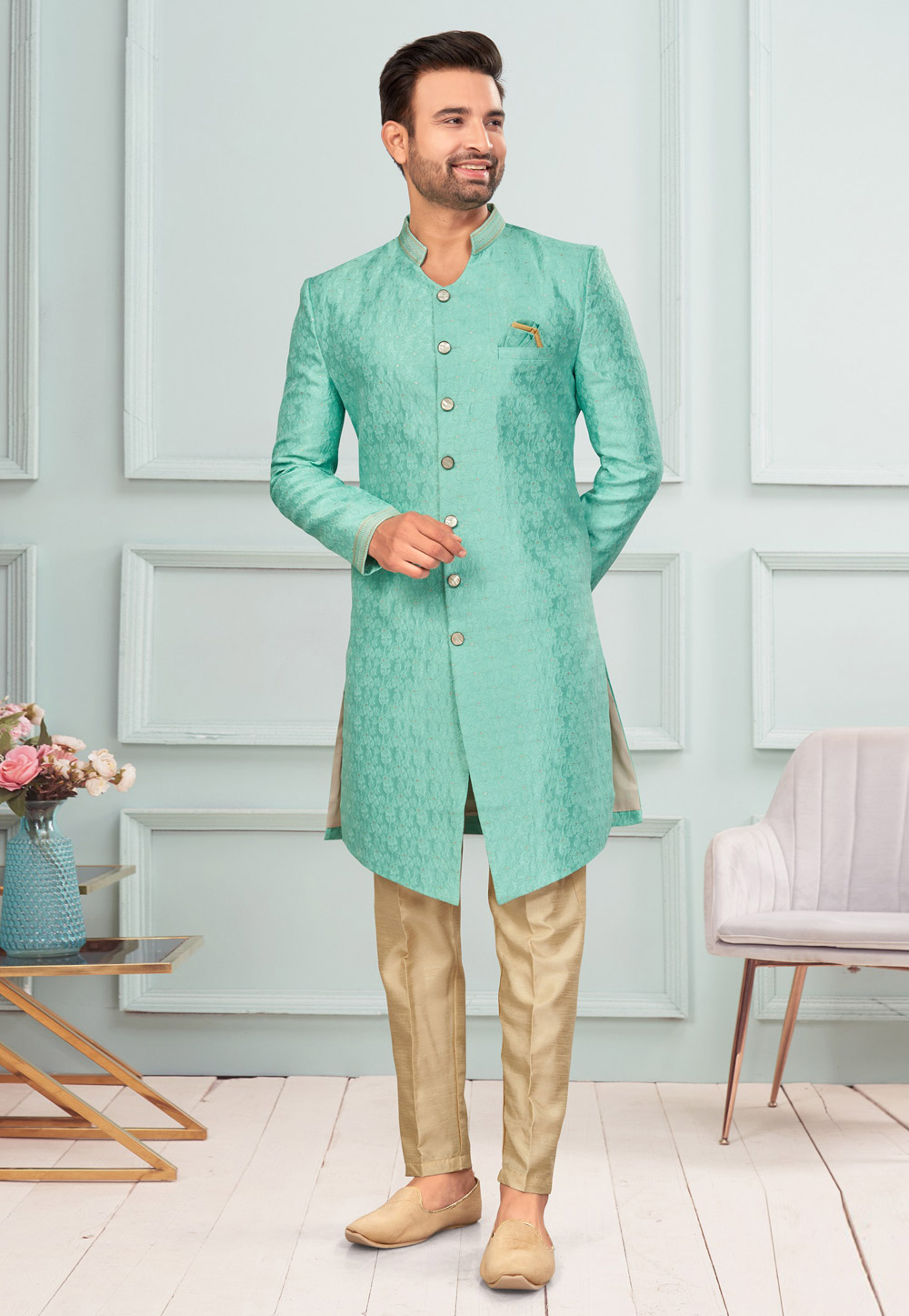 Sea Green Jacquard Indo Western Suit 283927