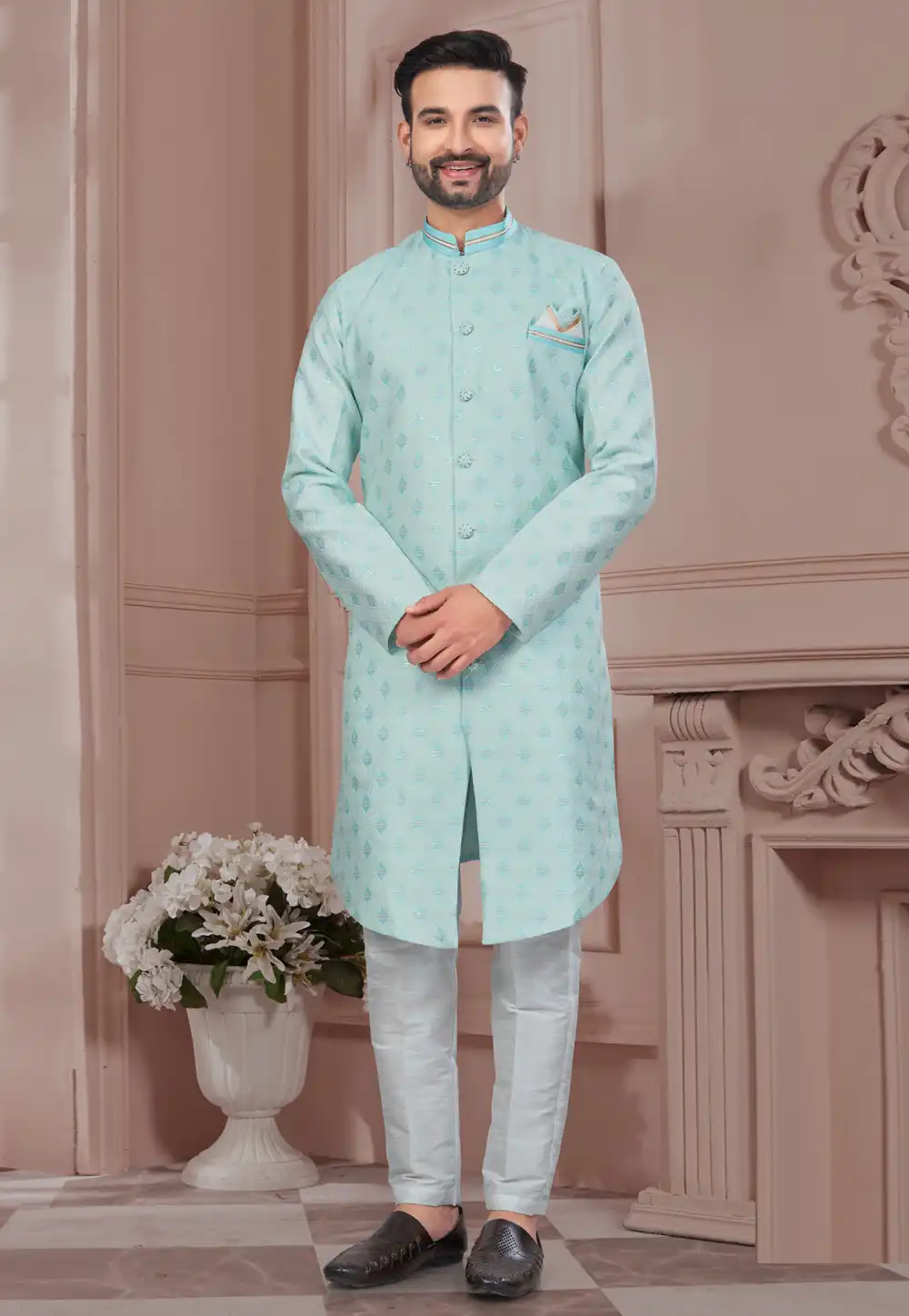 Sea Green Jacquard Indo Western Suit 294555