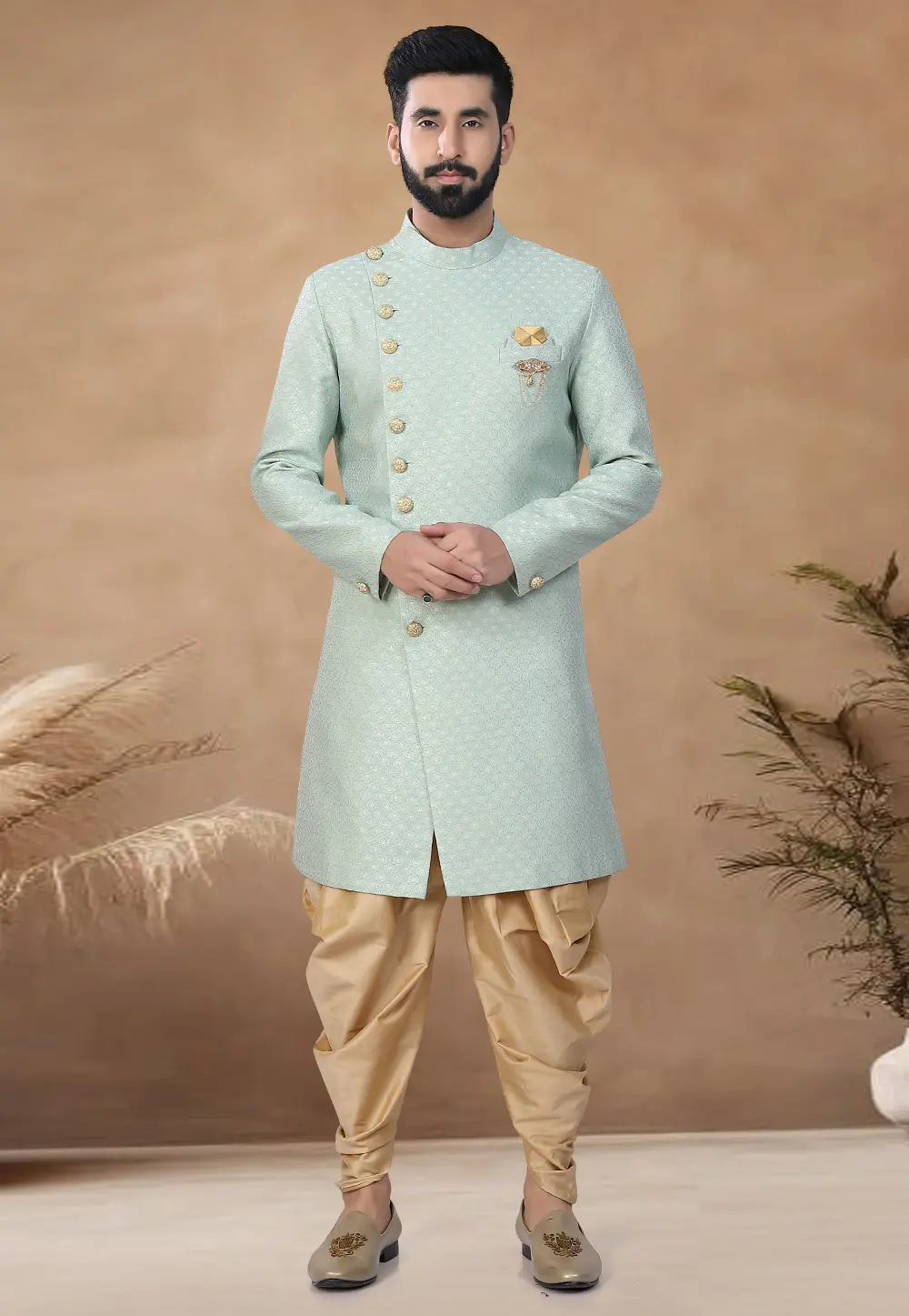 Sea Green Jacquard Indo Western Suit 298592