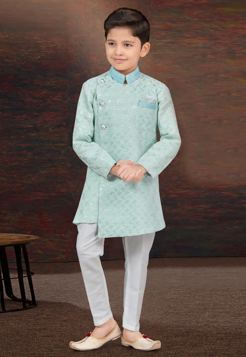 Sea Green Jacquard Kids Indo Western Sherwani 294924