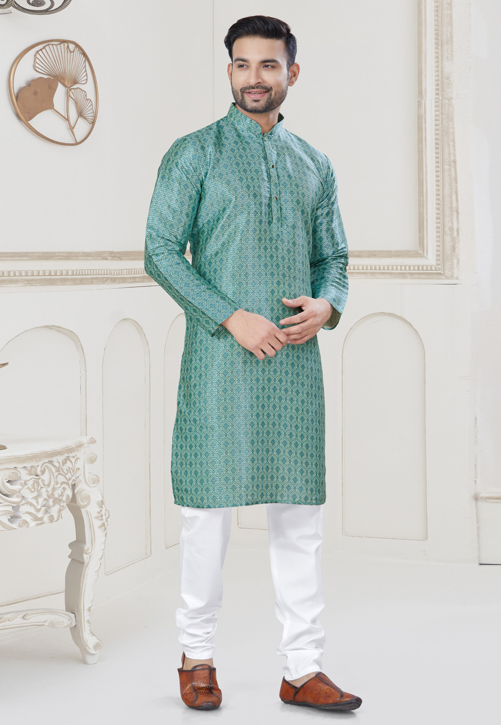 Sea Green Jacquard Kurta Pajama 304906