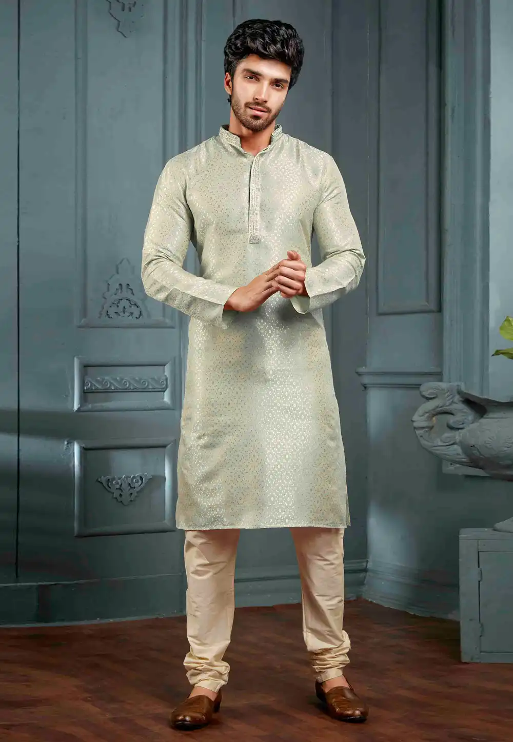 Sea Green Jacquard Kurta Pajama 288823