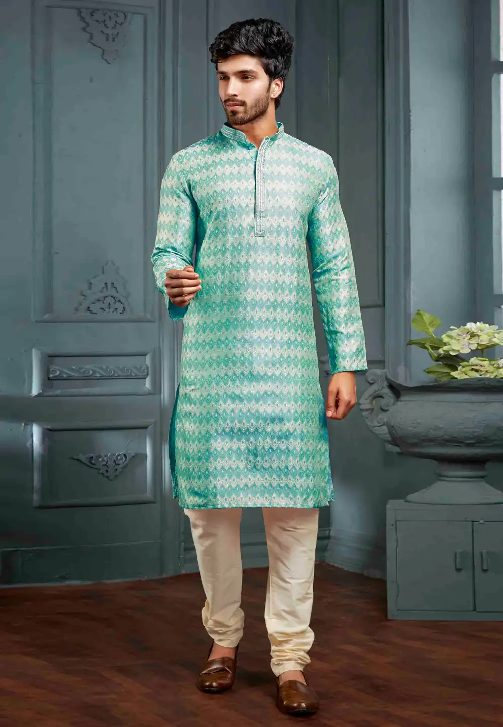 Sea Green Jacquard Kurta Pajama 288826