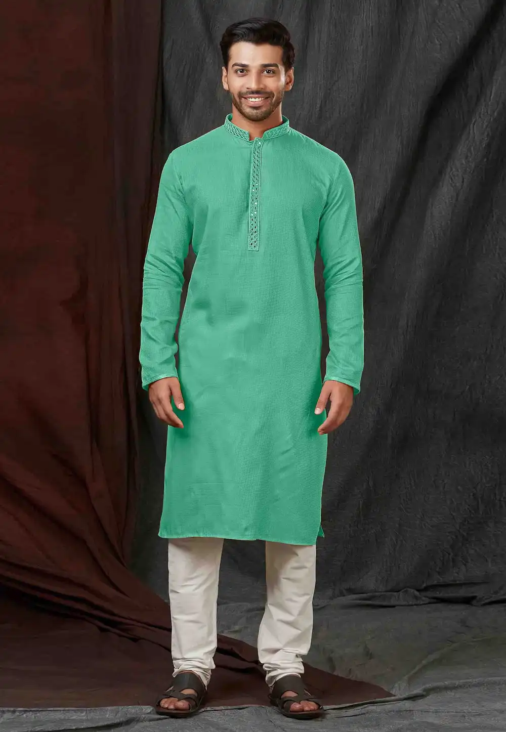 Sea Green Jacquard Kurta Pajama 288878