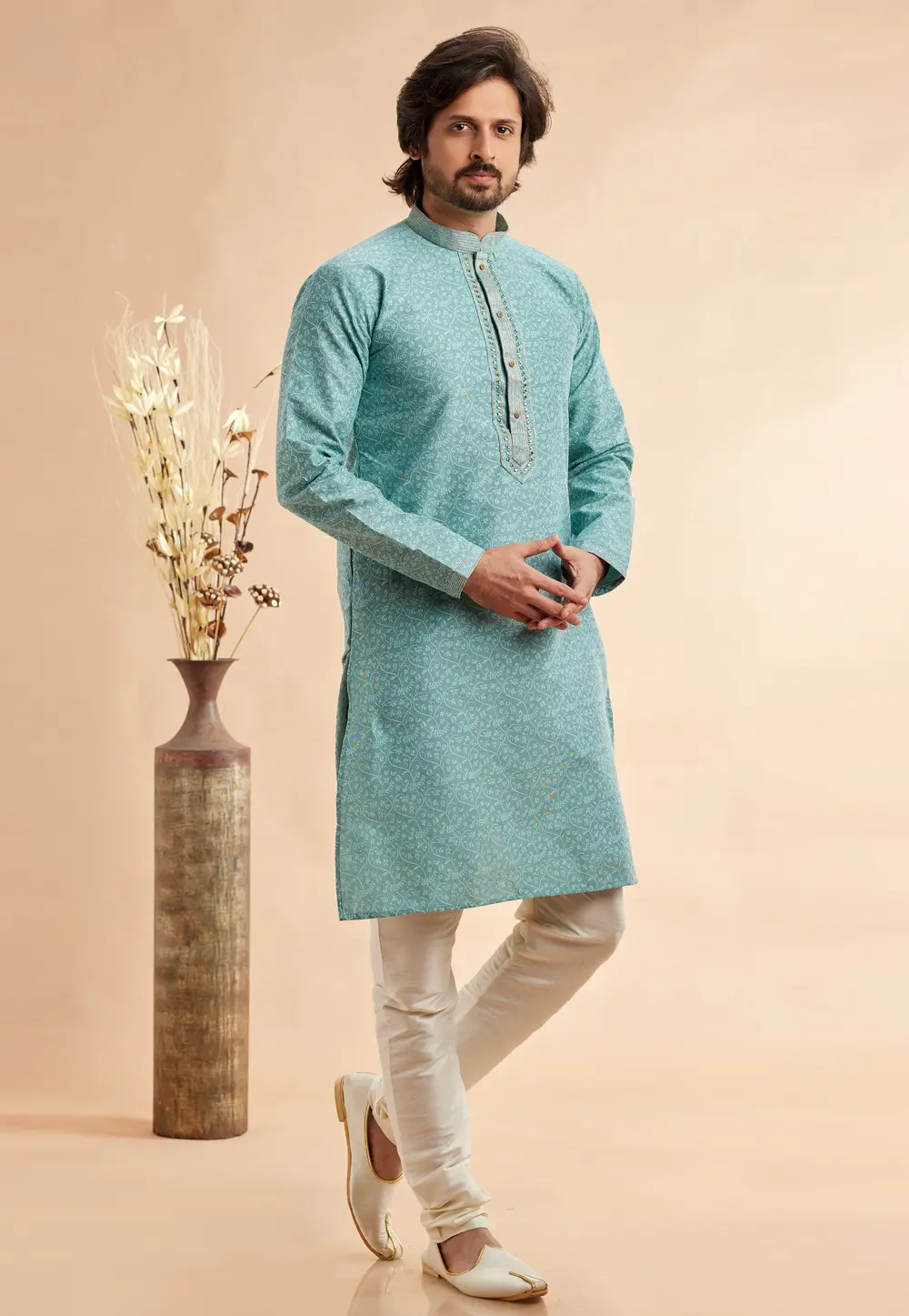 Sea Green Jacquard Kurta Pajama 297493