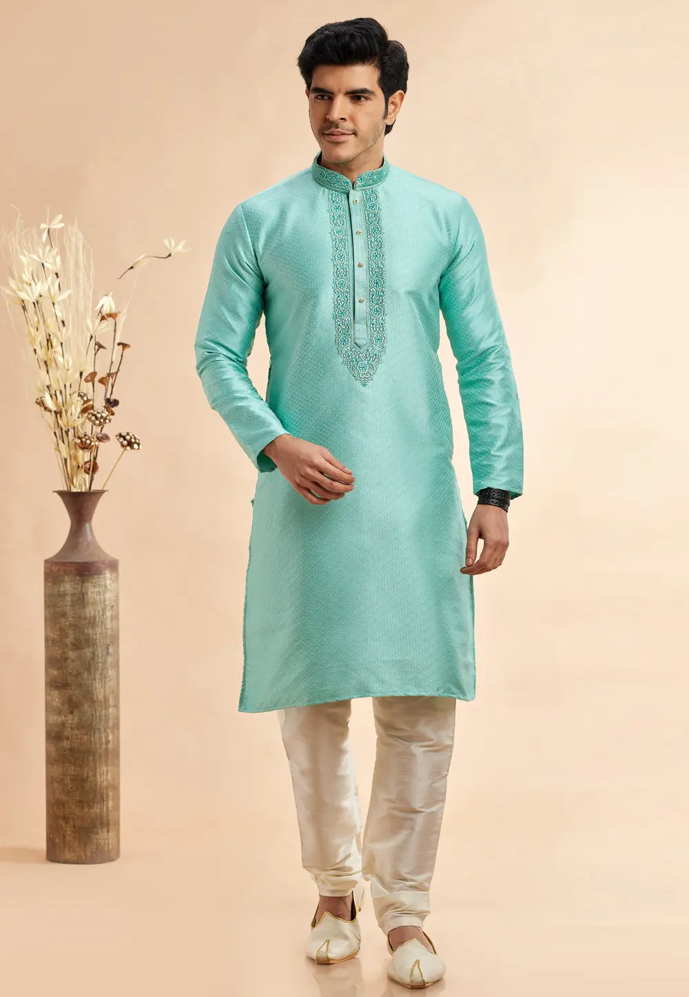 Sea Green Jacquard Kurta Pajama 297504