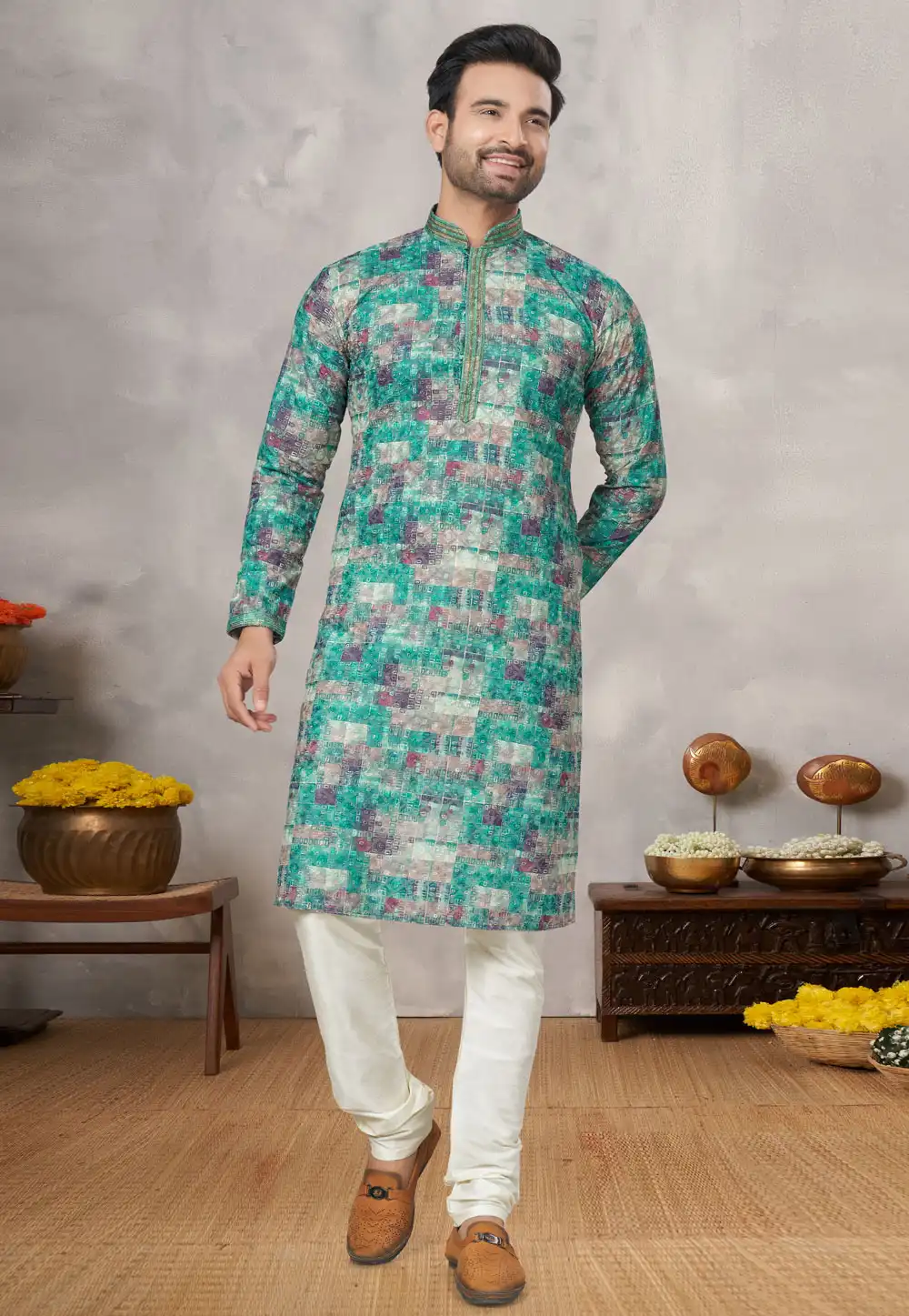 Sea Green Jacquard Kurta Pajama 293898