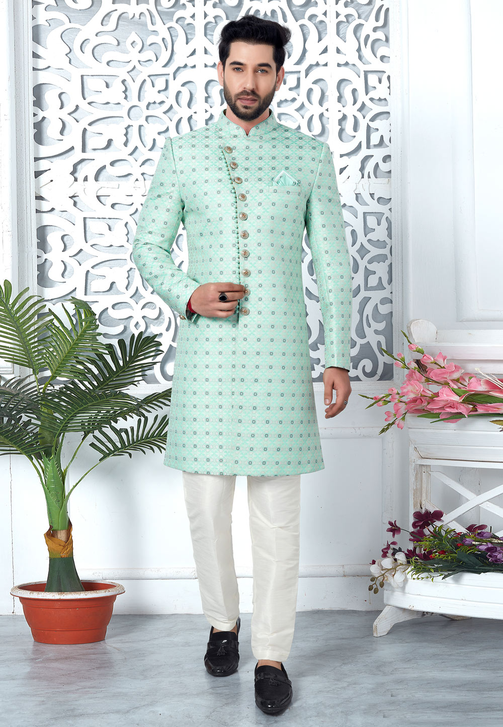 Sea Green Jacquard Silk Indo Western Suit 280160