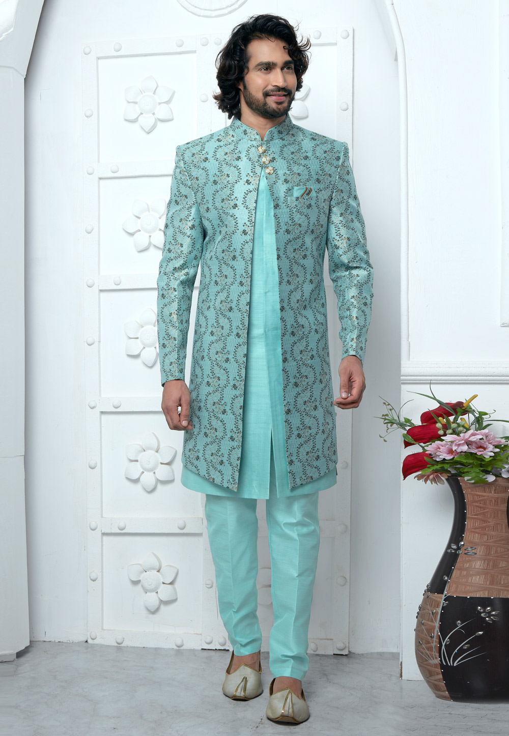 Sea Green Jacquard Silk Jacket Style Sherwani 280146