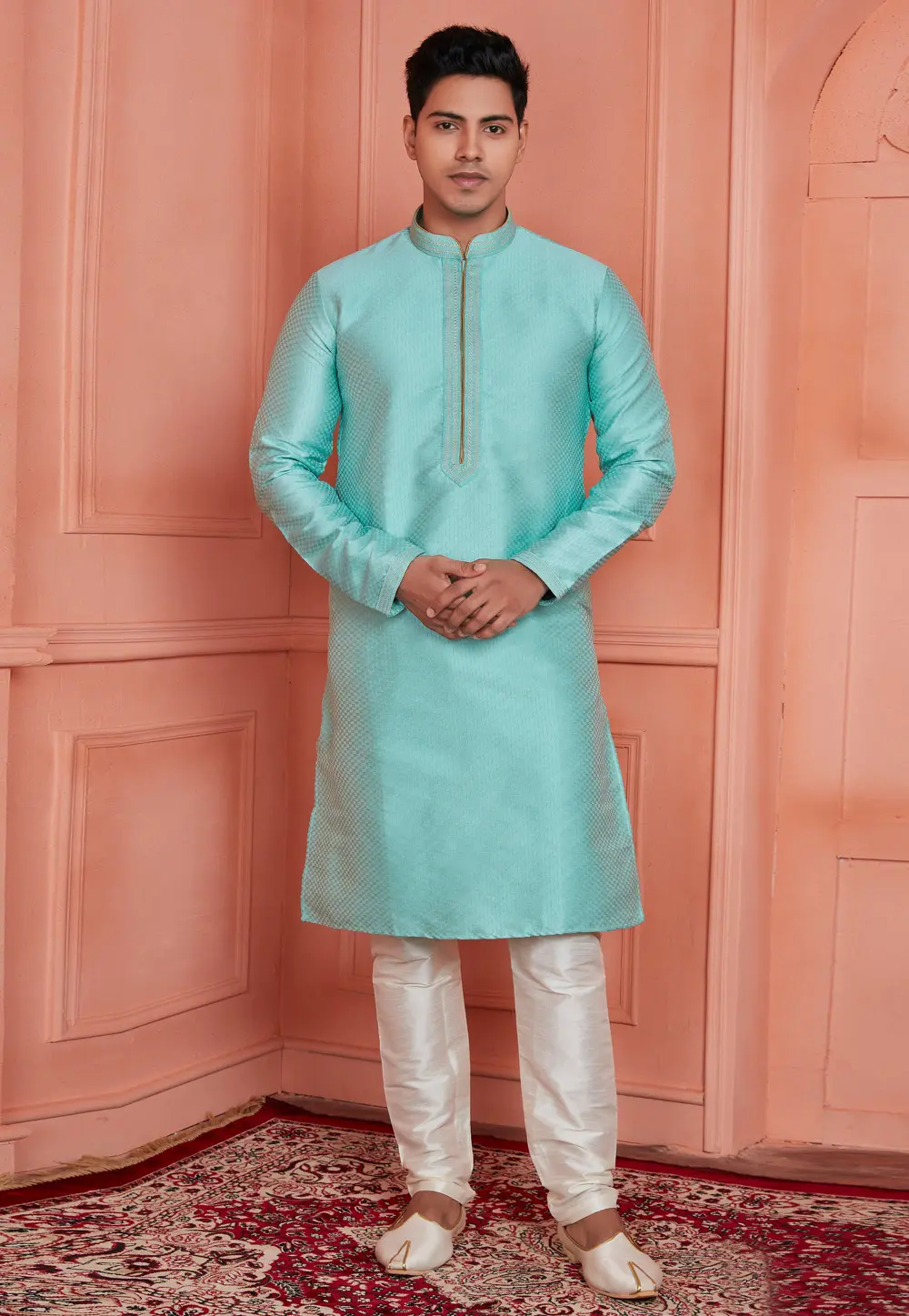 Sea Green Jacquard Silk Kurta Pajama 304293