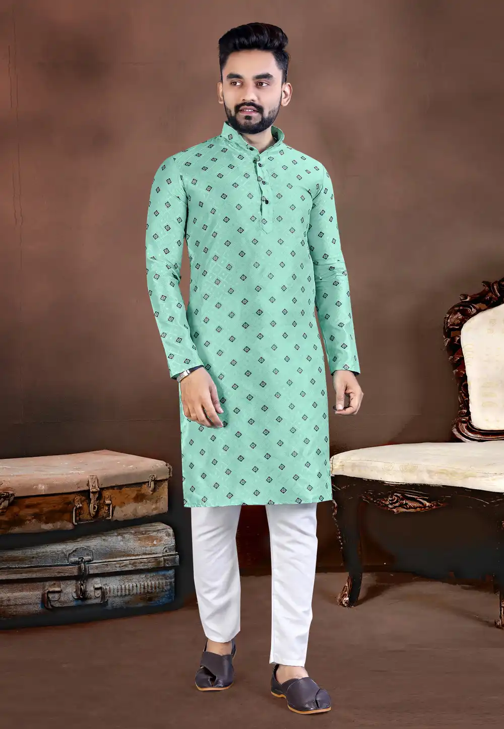 Sea Green Jacquard Silk Kurta Pajama 293295