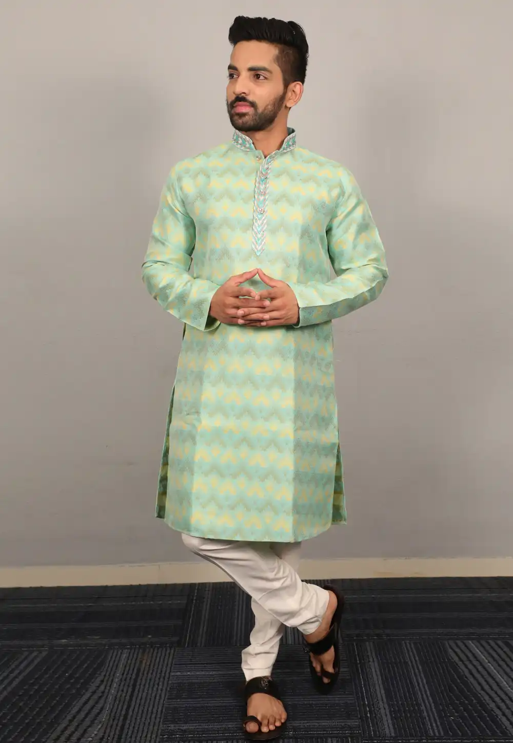 Sea Green Jacquard Silk Kurta Pajama 293809