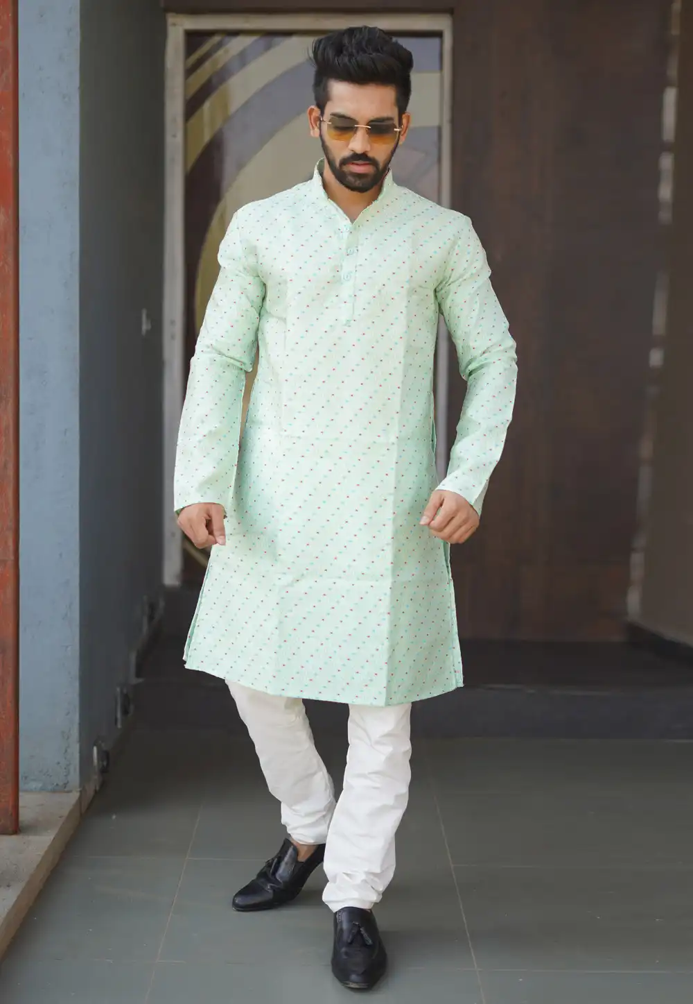 Sea Green Jacquard Silk Kurta Pajama 293813