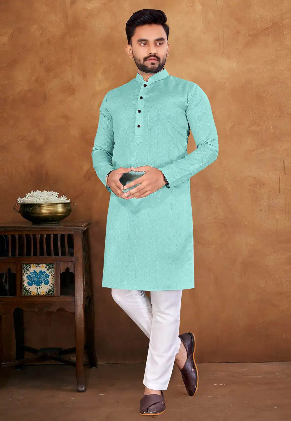 Sea Green Jacquard Silk Kurta Pajama 293422