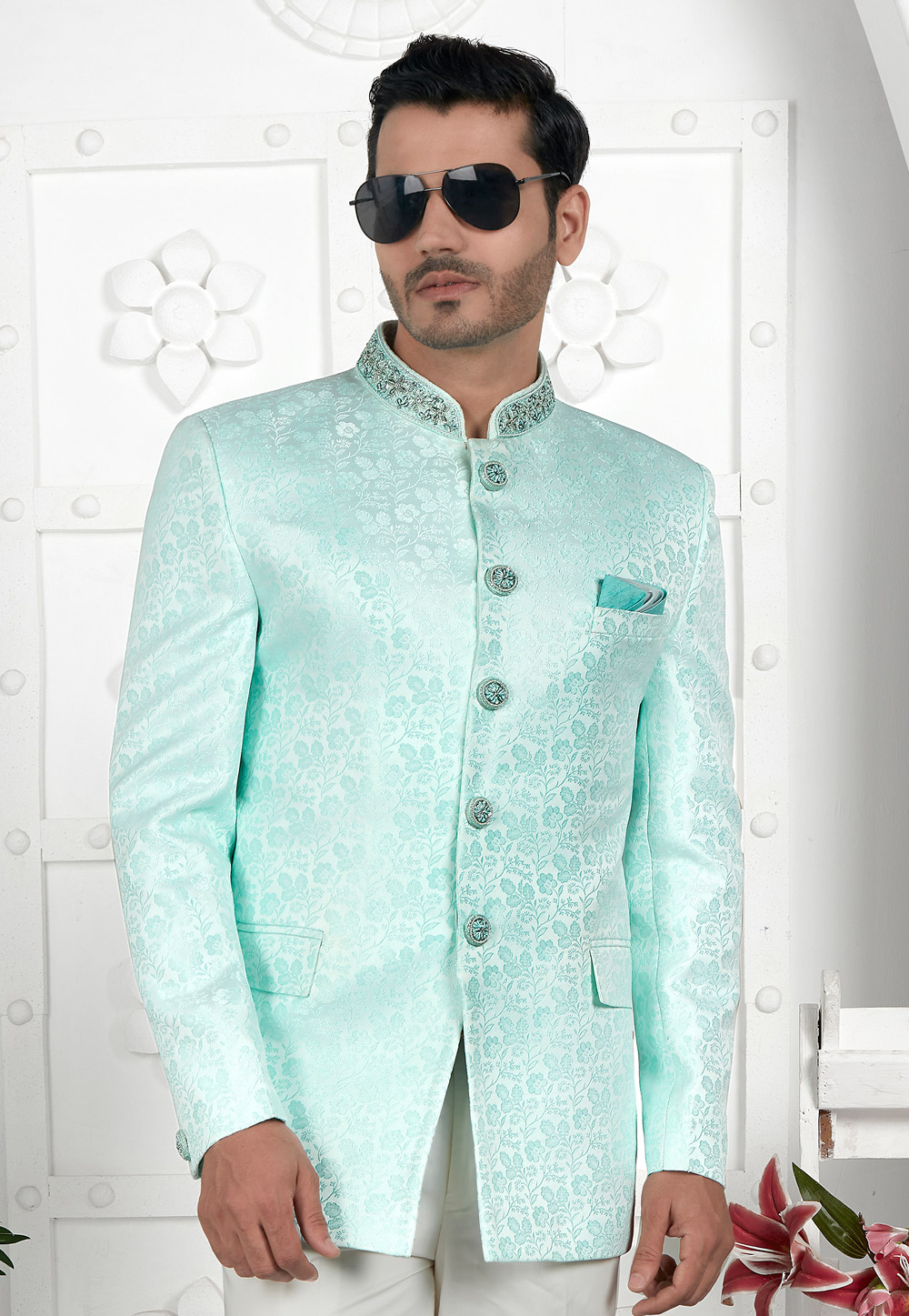 Woven Art Silk Jacquard Nehru Jacket in Sea Green : MHG2052