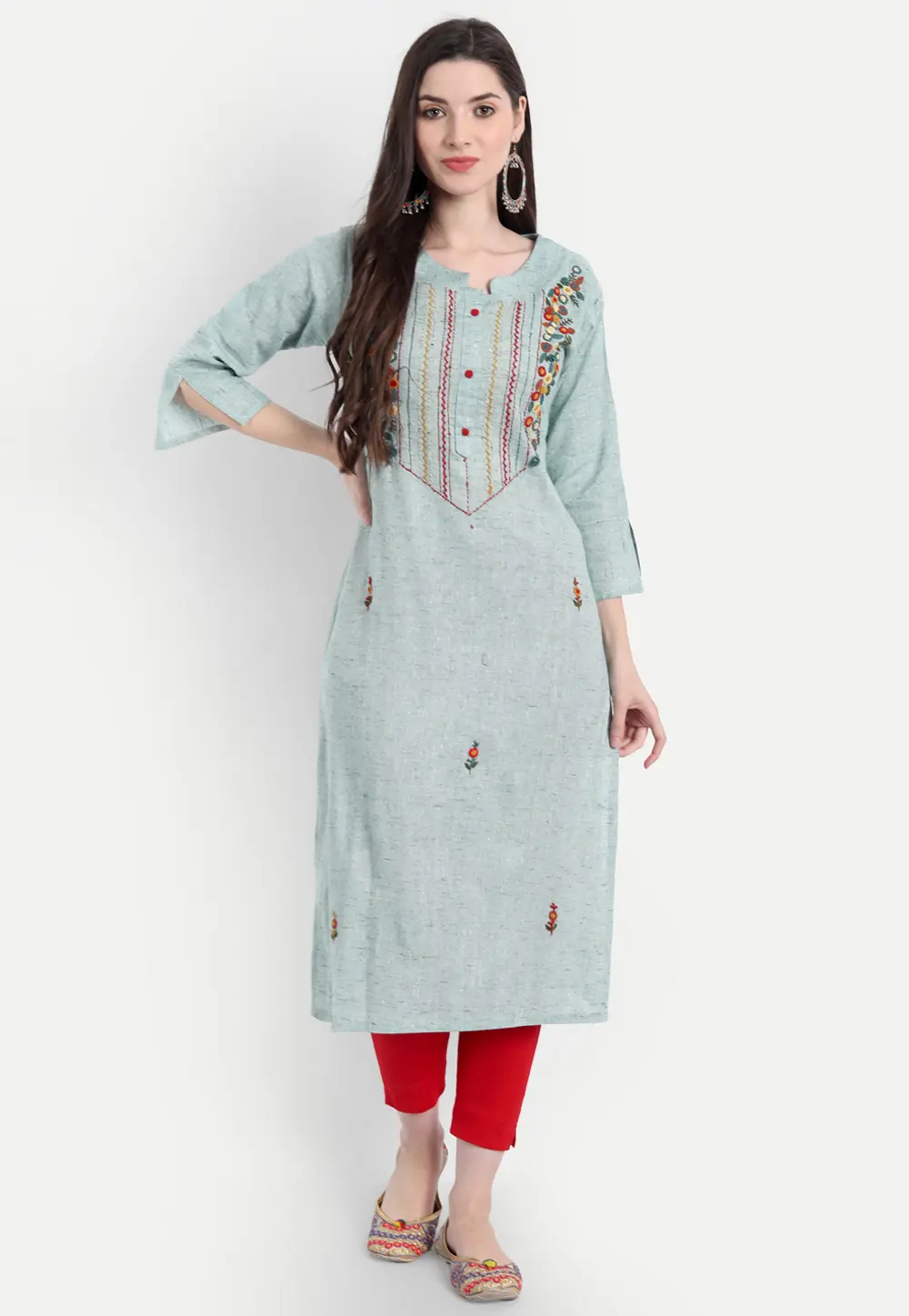 Sea Green Khadi Cotton Long Kurti 300491