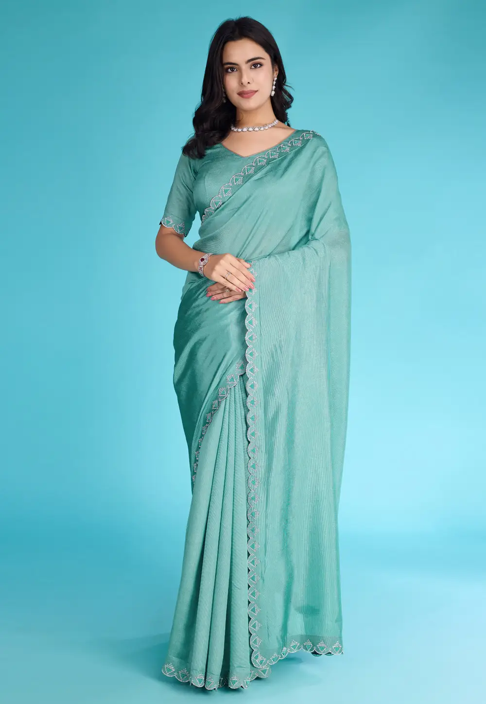 Sea Green Khadi Saree With Blouse 295838