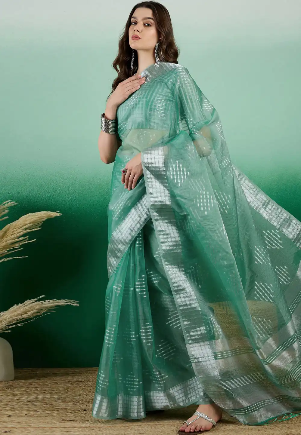 Sea Green Khadi Saree With Blouse 290233