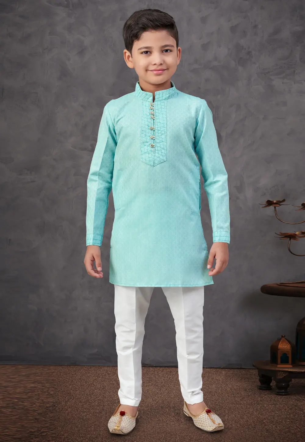 Sea Green Linen Kids Kurta Pajama 303819