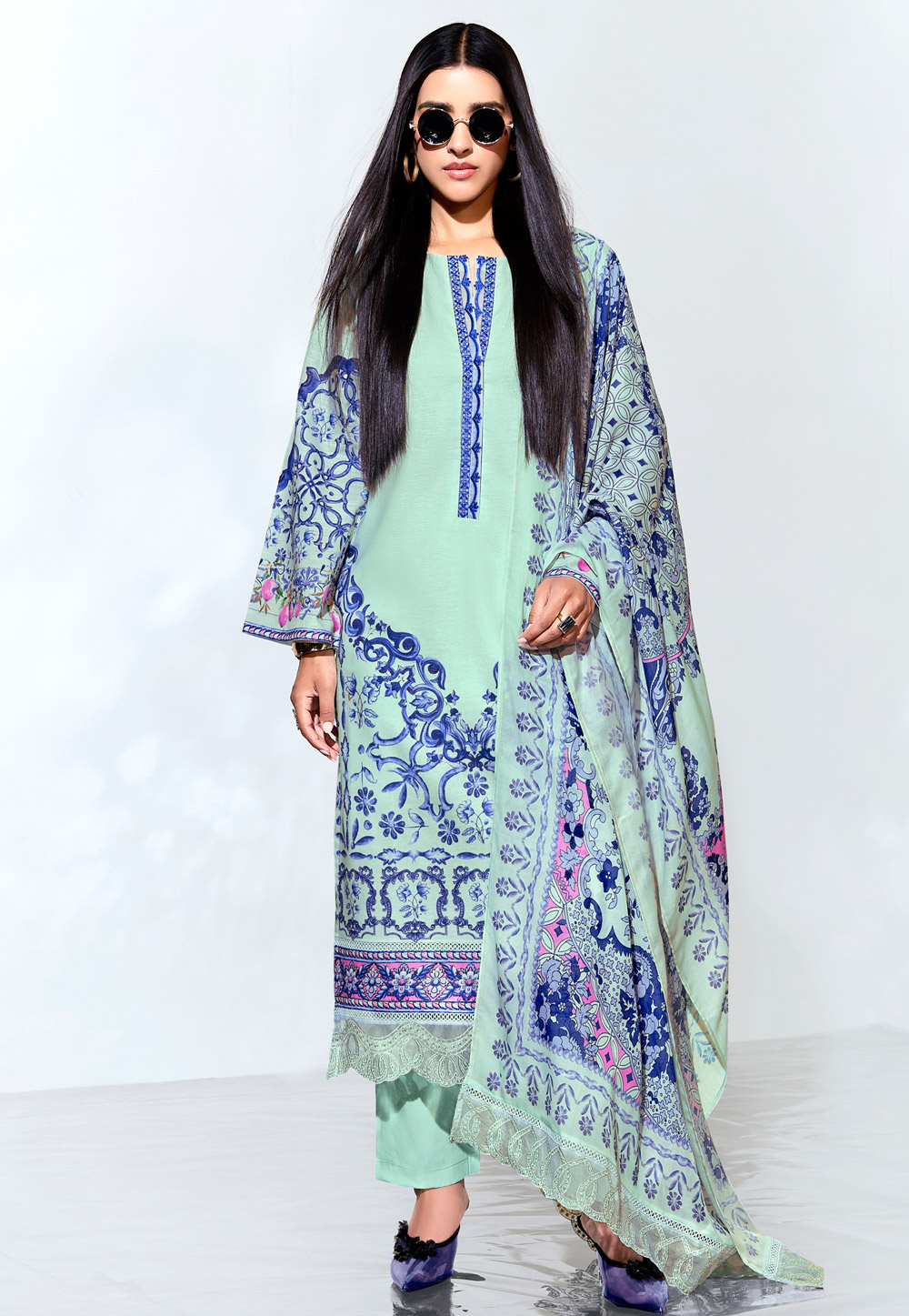 Sea Green Linen Pakistani Suit 306594