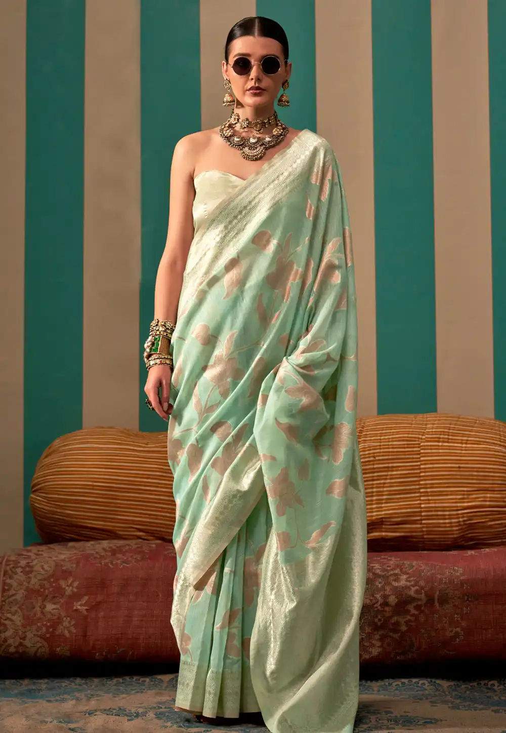 Sea Green Linen Saree With Blouse 290876