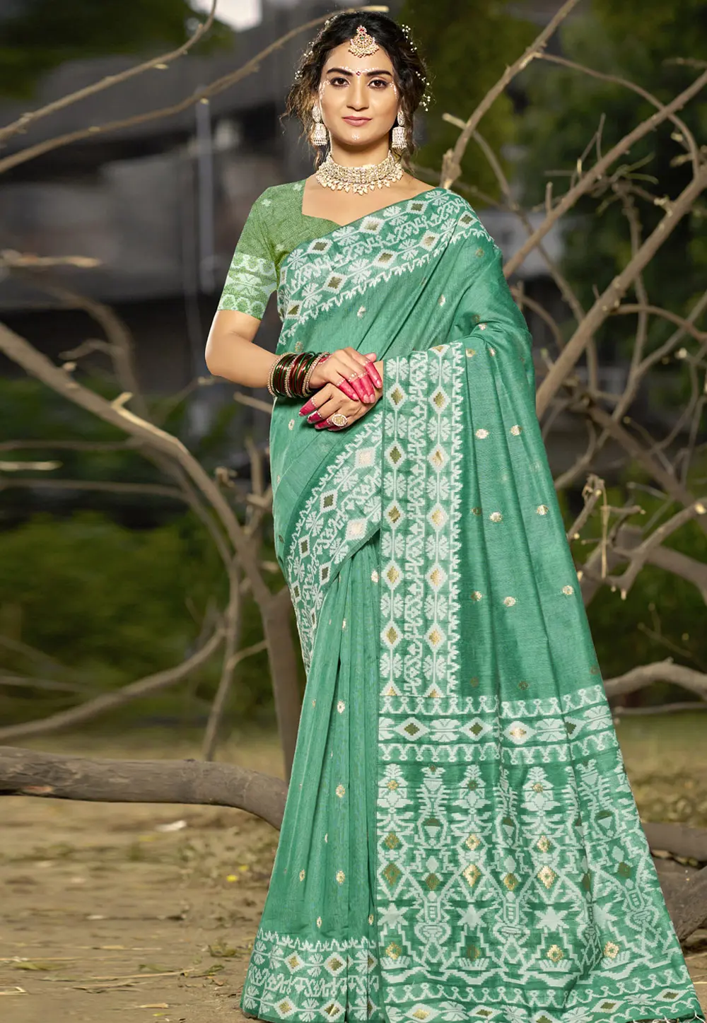 Sea Green Linen Saree With Blouse 303095