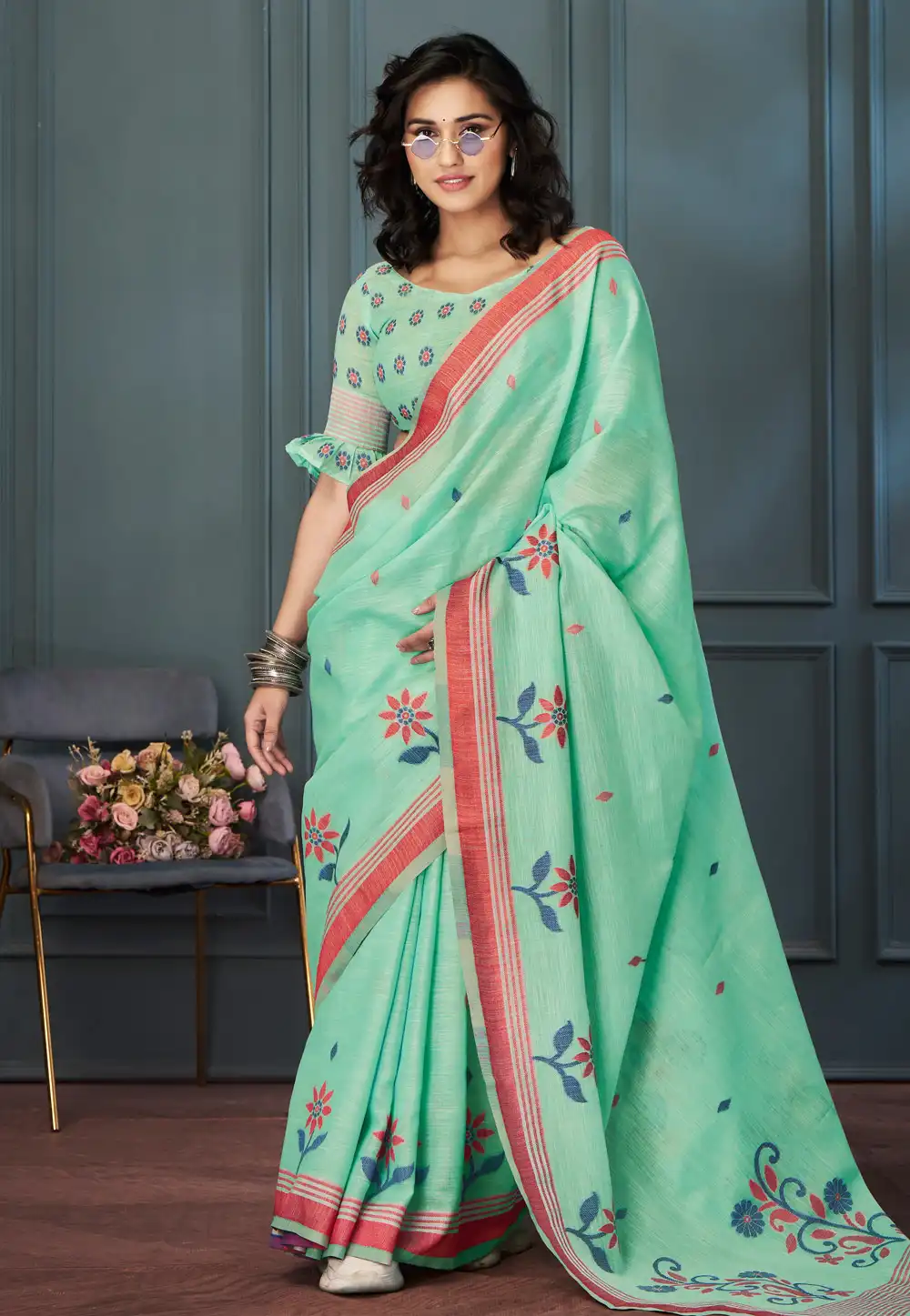 Sea Green Linen Saree With Blouse 292821