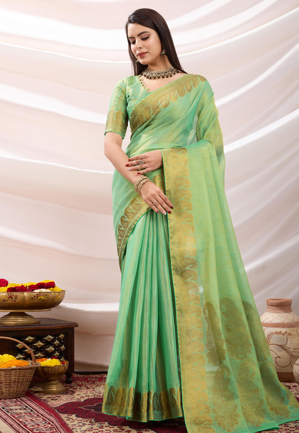 Sea Green Linen Saree With Blouse 305631