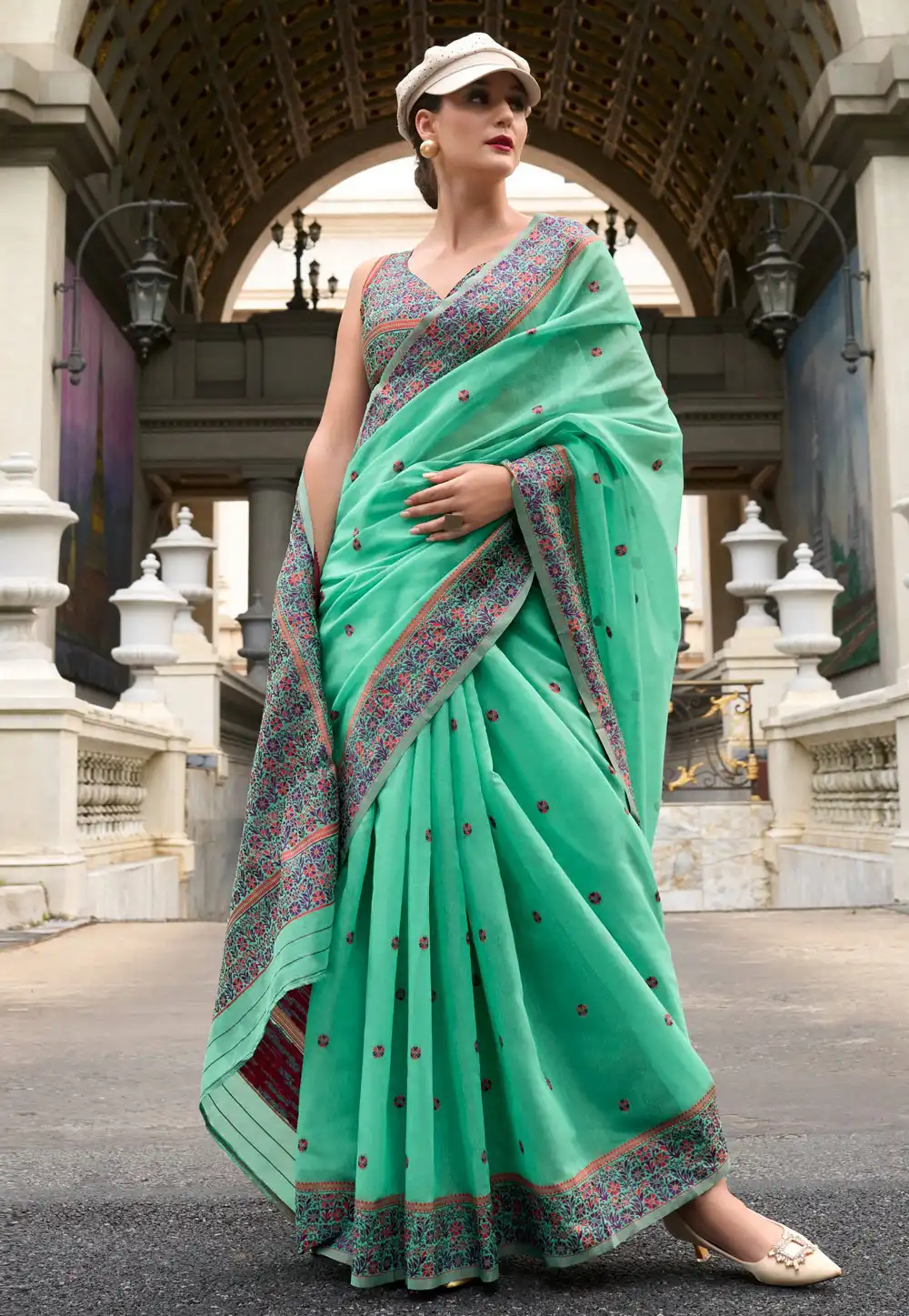 Sea Green Linen Saree With Blouse 292714