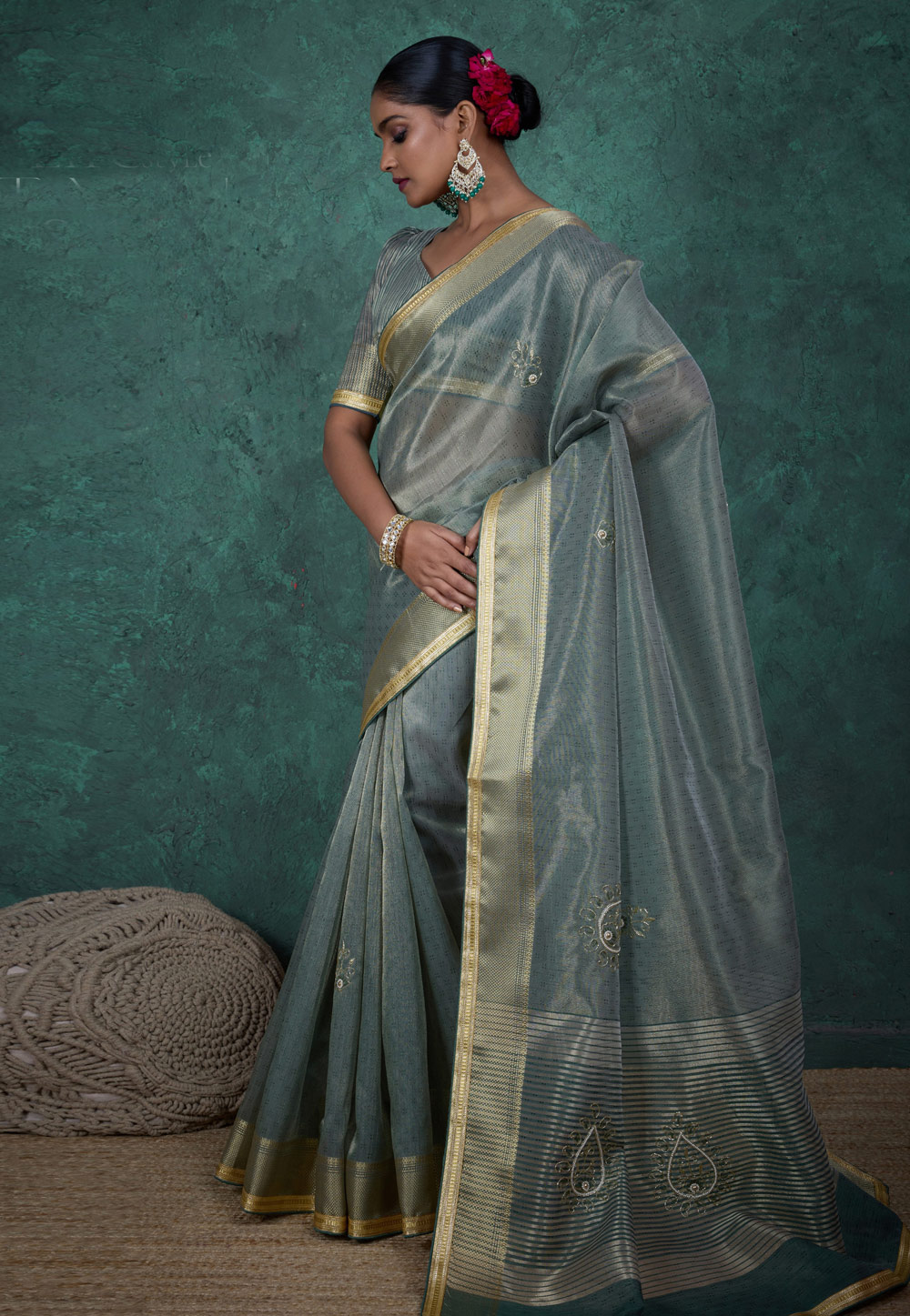 Sea Green Linen Saree With Blouse 309378