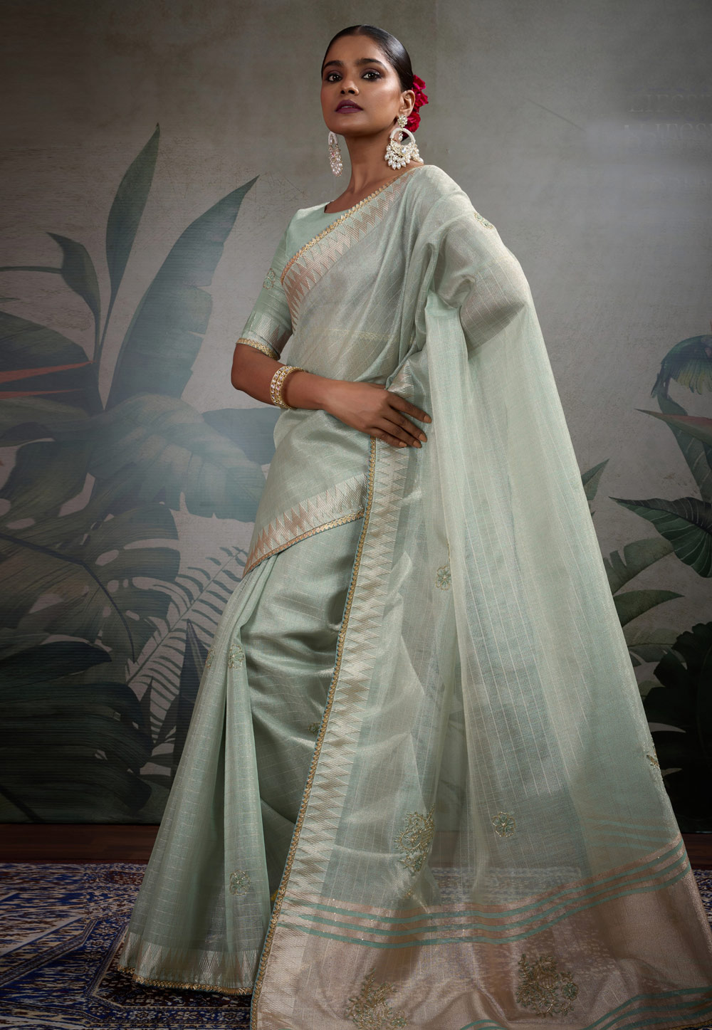 Sea Green Linen Saree With Blouse 309385