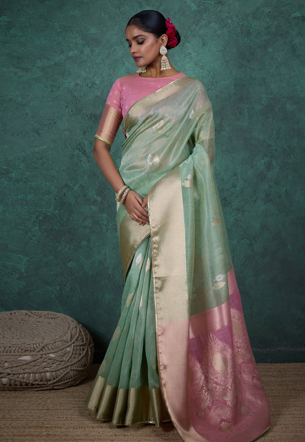 Sea Green Linen Saree With Blouse 310009