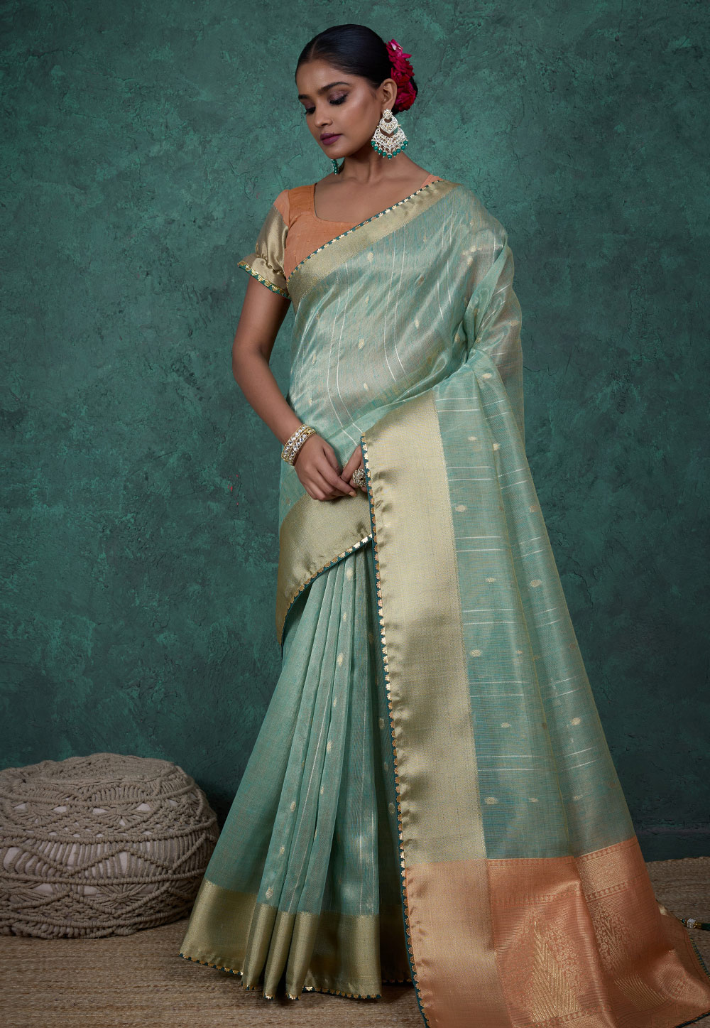 Sea Green Linen Saree With Blouse 310012