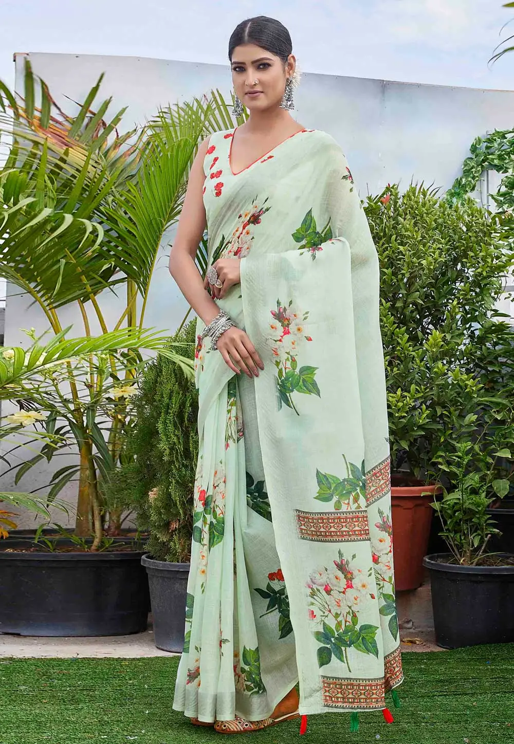 Sea Green Linen Saree With Blouse 296060