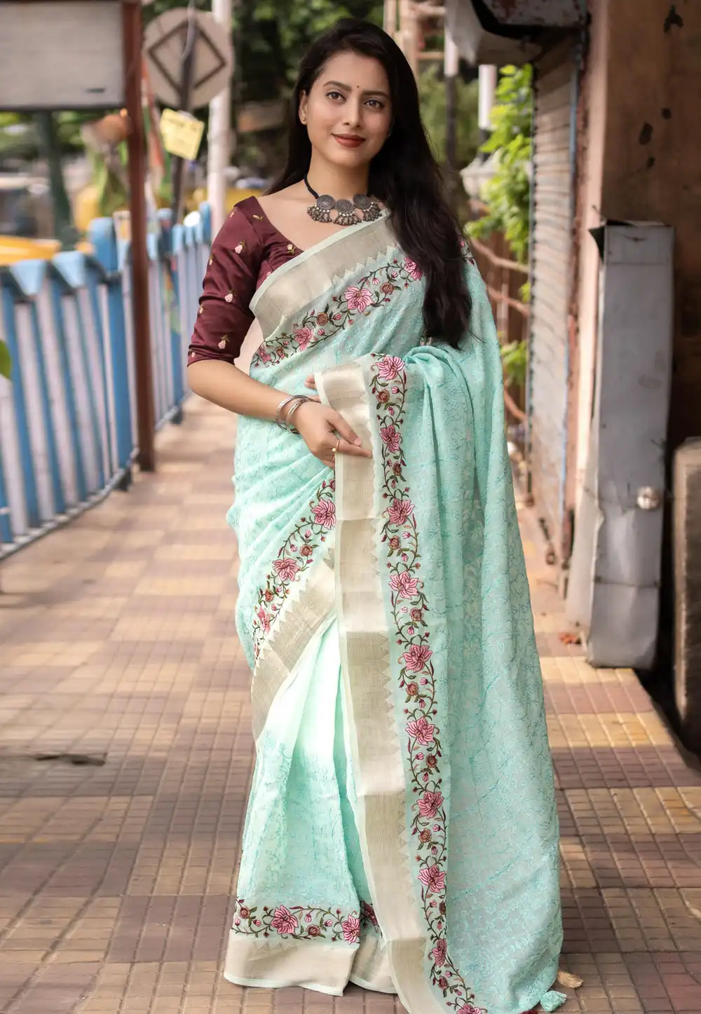 Sea Green Linen Saree With Blouse 289743