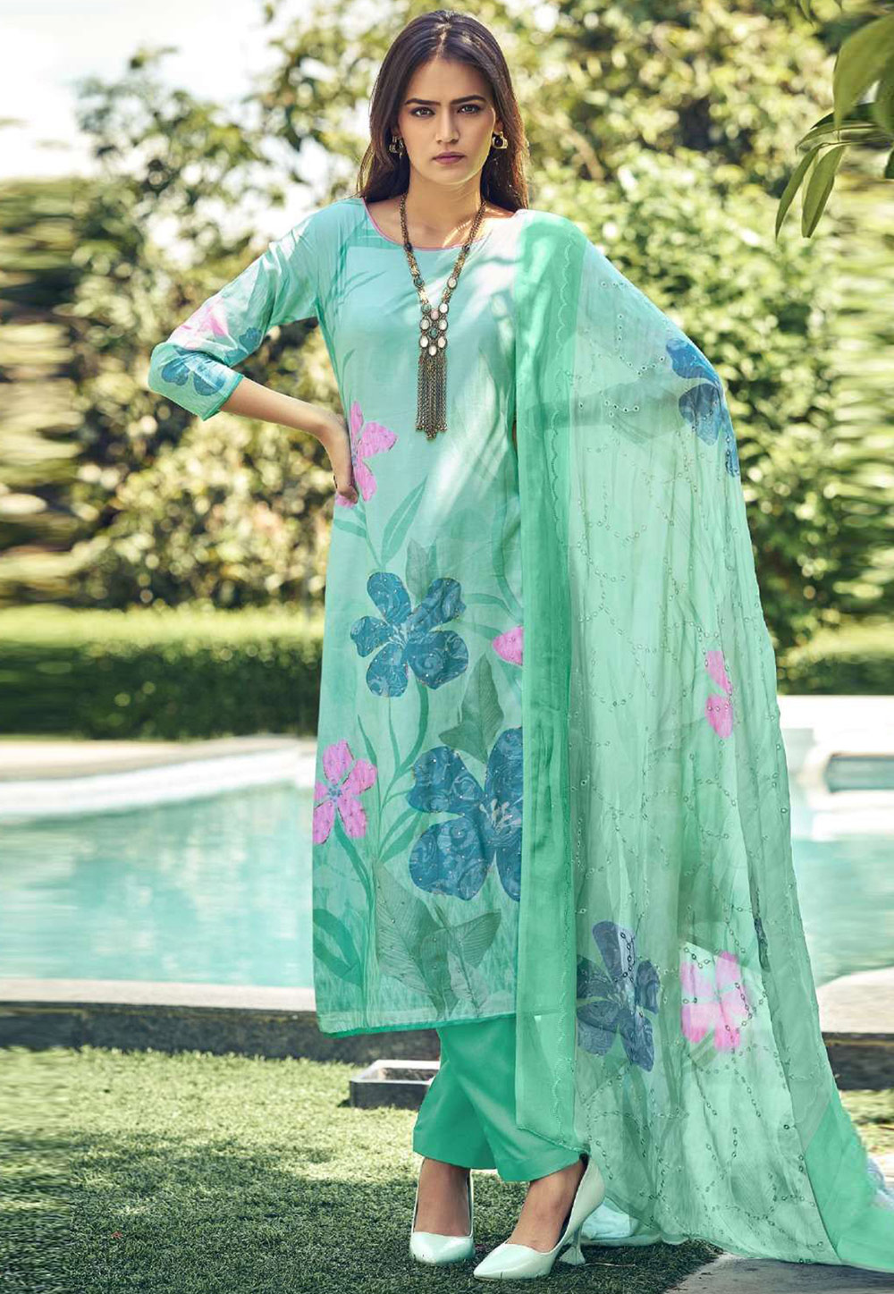 Sea Green Muslin Pakistani Suit 310151