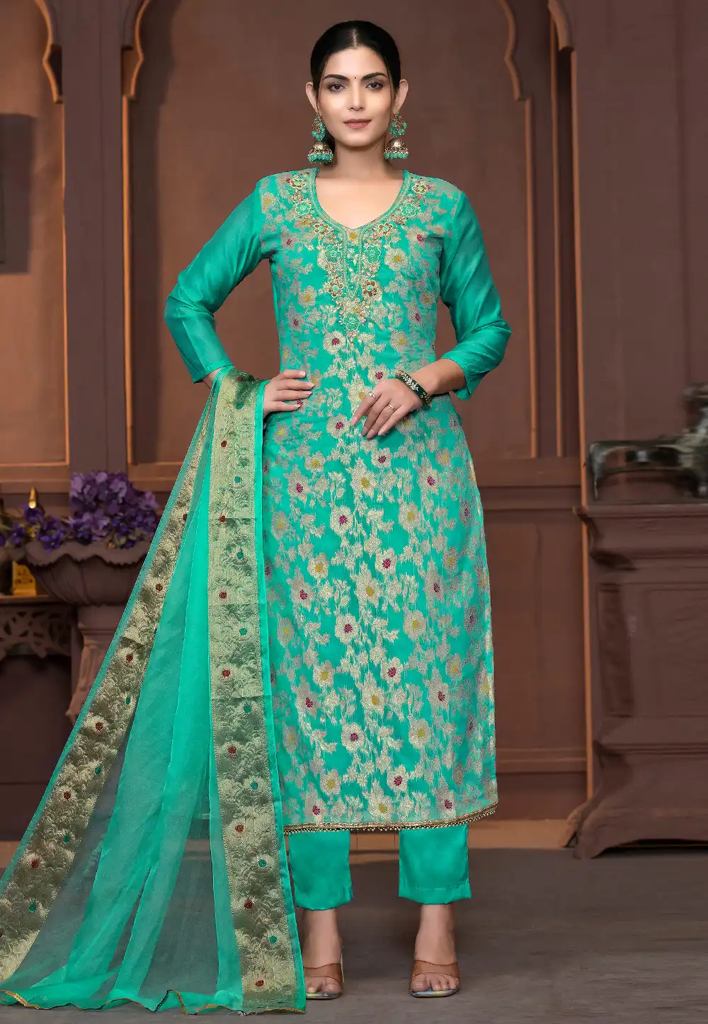 Sea Green Muslin Pakistani Suit 294179