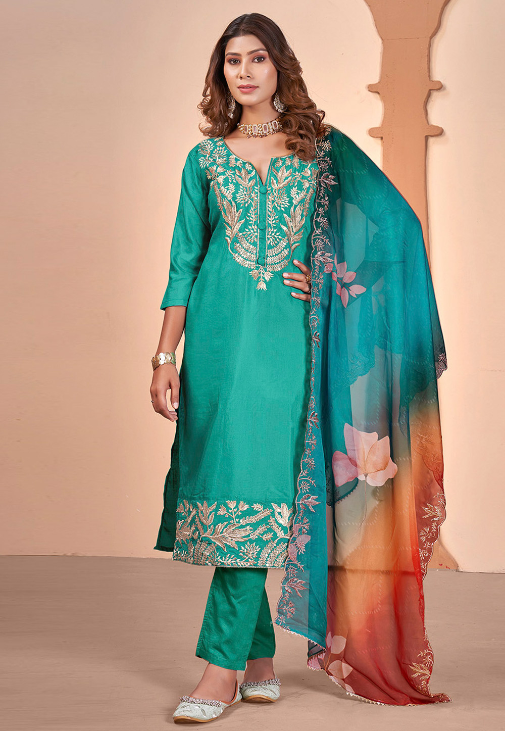 Sea Green Muslin Pakistani Suit 309565