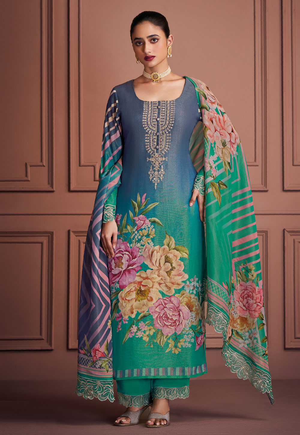 Sea Green Muslin Straight Suit 305079