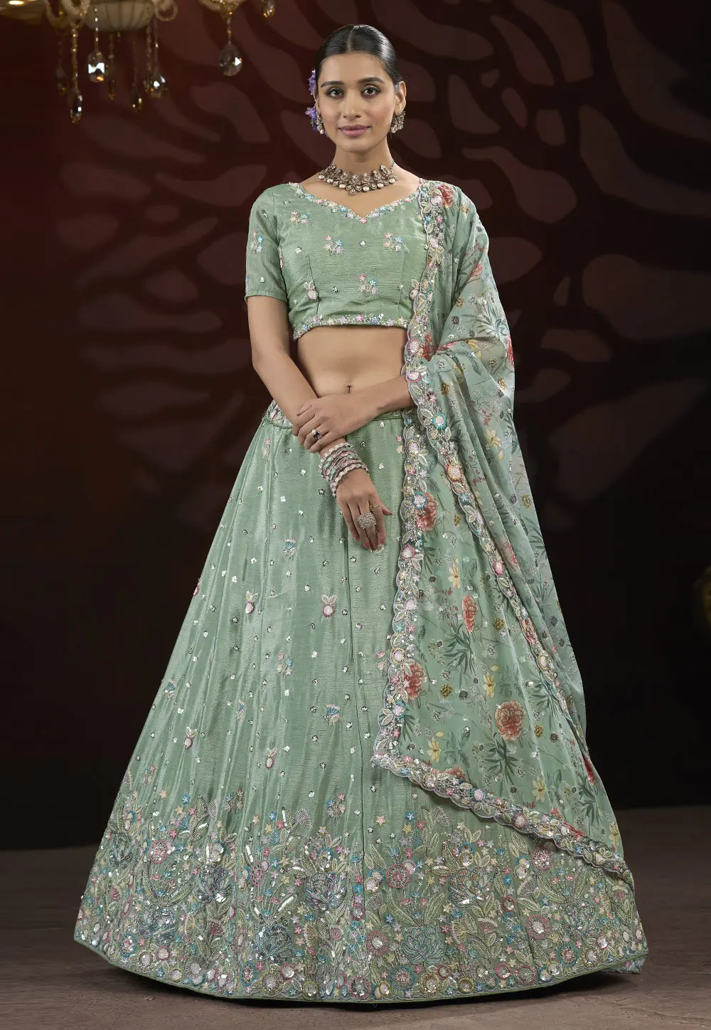 Sea Green Net A Line Lehenga Choli 301761