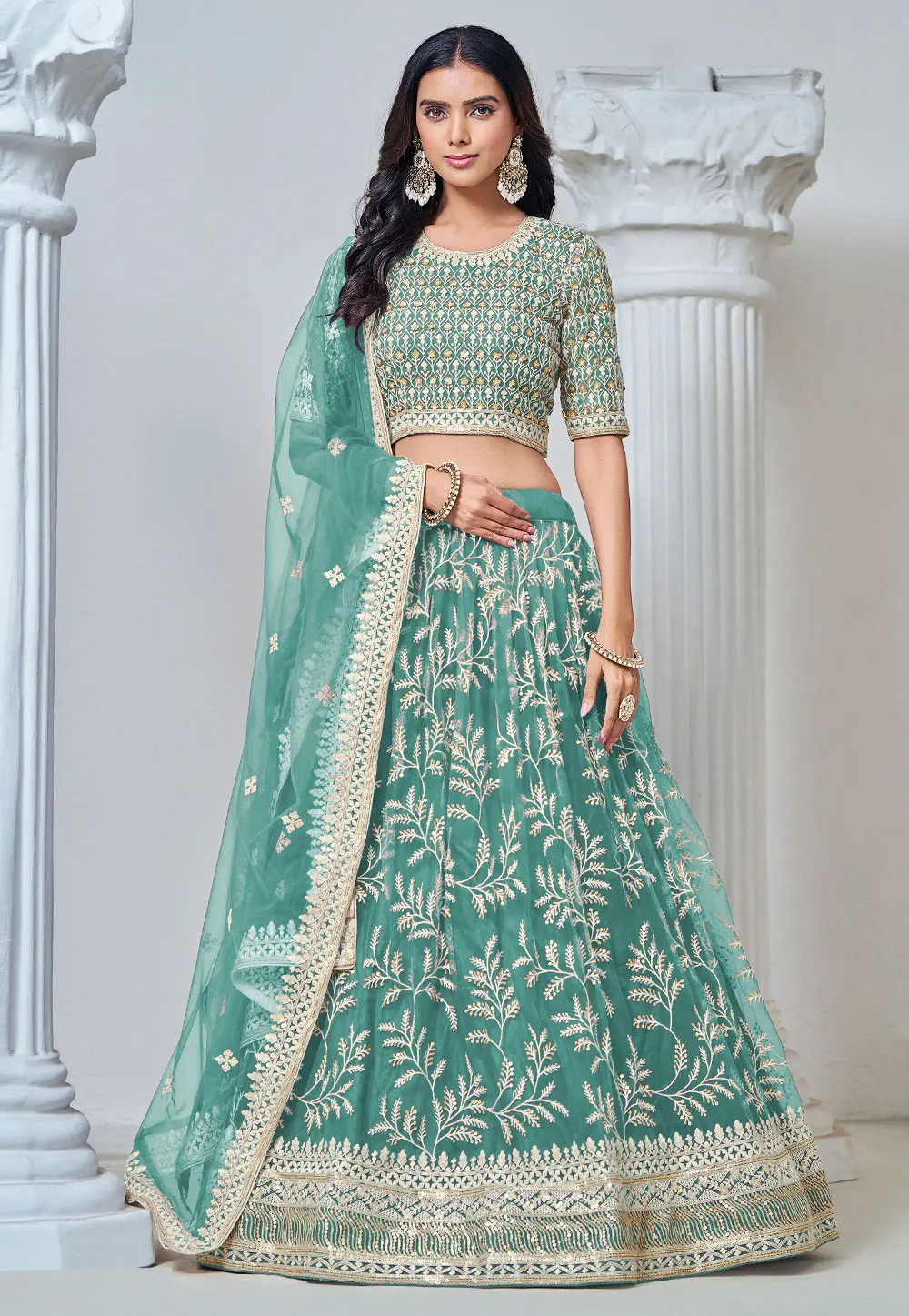 Sea Green Net A Line Lehenga Choli 299772