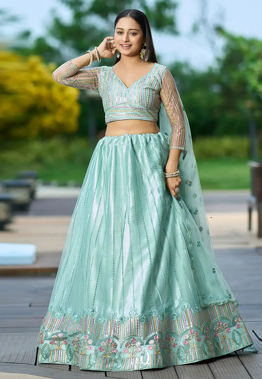 Sea Green Net A Line Lehenga Choli 293986