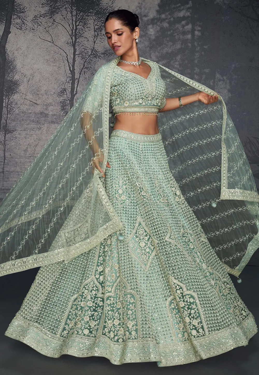 Sea Green Net Circular Lehenga Choli 297340